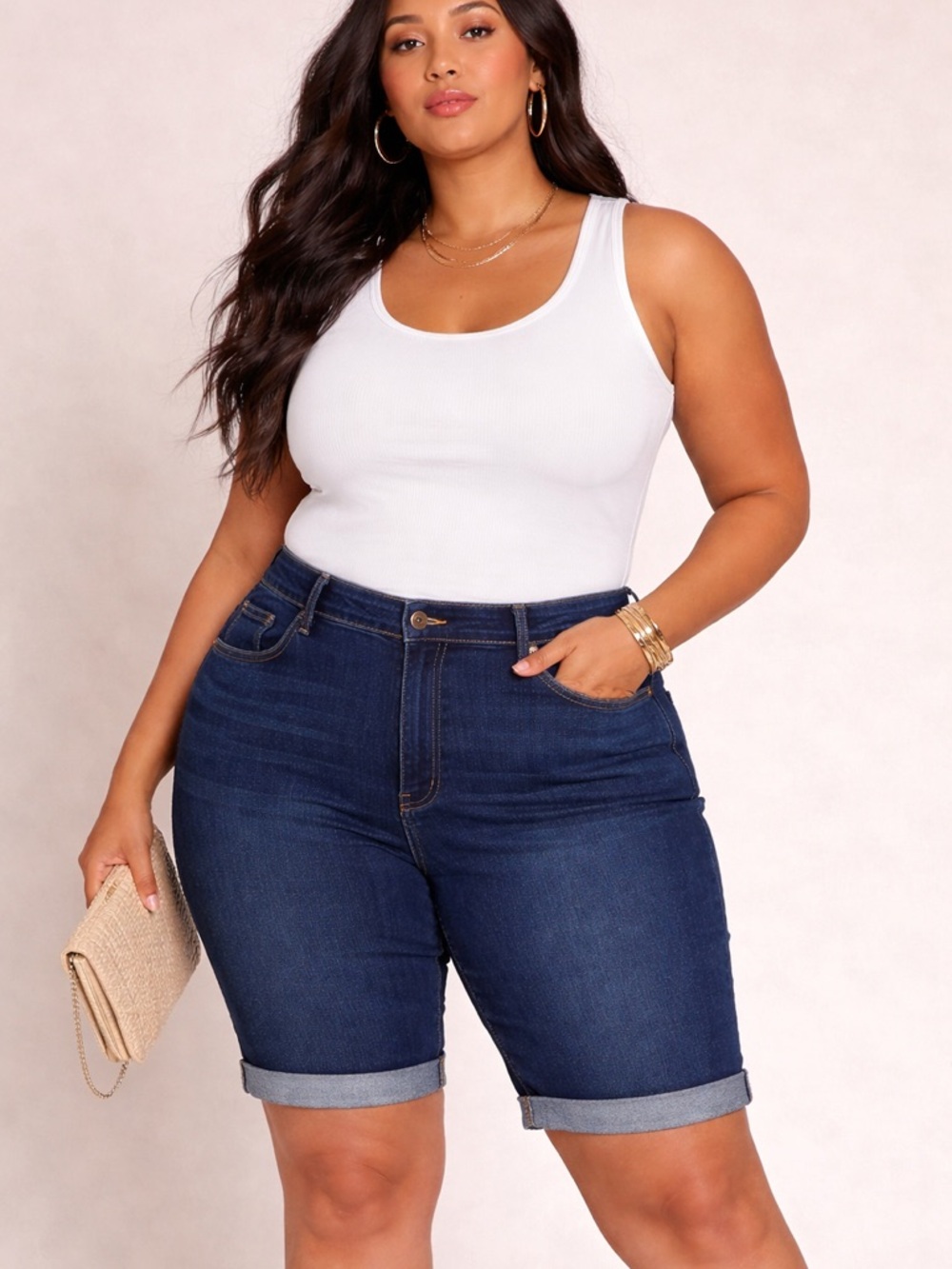 High-Rise Dark Wash Denim Bermuda Shorts - Plus